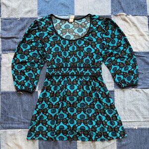 VTG cocomo y2k mini dress 60s-inspired psychedelic print puff sleeve S/M peacock